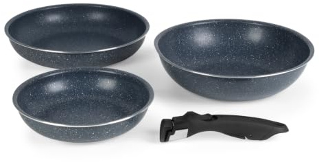 Russell Hobbs Nightfall Stone Pan Set, 22/26 Cm Frying Pans, 26 Cm Wok | Xylan Plus Non-Stick Coating, Removable Clip-On Handle, Oven Safe To 200°C, Stackable Storage, PFOA-Free Coating