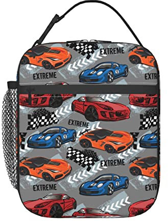 Yrassio Bolsa de almuerzo de coche de carreras, aislada, reutilizable, suave, para niños y niñas, portátil, térmica, para niños, adolescentes, adultos