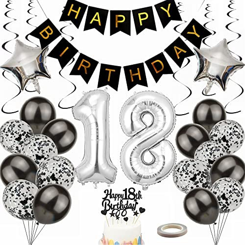 Yunchu Online Luftballon 18. Geburtstag Dekoration 18 Jahr Junge Mädchen Black and Silber Party Deko 18. Geburtstag Junge Party Deko 18 Geburtstag Mädchen Deko Geschenk 18 jahre Geburtstag deko Ballon