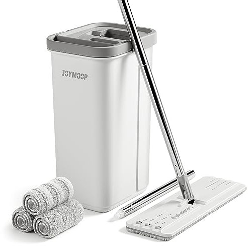 JOYMOOP Wischmopp und Eimer mit Auswringer-Set, weißes flaches Squeeze-Mopp-Eimer-Set für Bodenreinigung, Wandreiniger mit langem Griff, Hartholzbodenwischer, Flachkopf-Mopps, 3 Mikrofasertücher