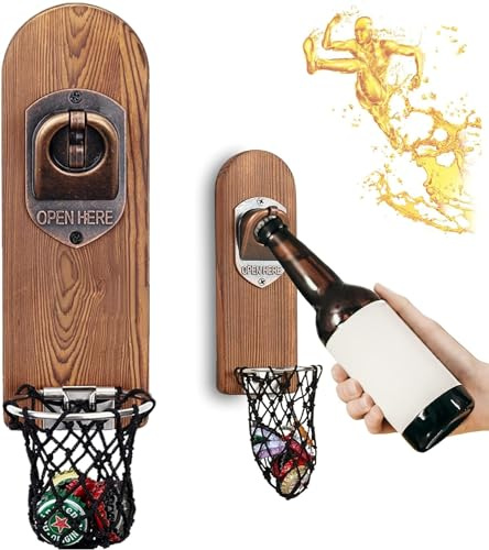 LUCYLANKER Beer Bottle Opener Wall Mounted with Magnetic Cap Catcher,Wooden Magnetic Bottle Opener for Fridge,Vintage Beer Gifts for Men, Man Cave Decor,Gifts for Men and Beer Lovers(Style 3)