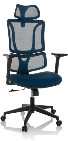 MyBuero Drehstuhl ergonomisch ERGOMY Bürostuhl mit Verstellbarer Lordosenstütze, Kopfstütze, Armlehnen, Netz-Rückenlehne, Stoff Blau