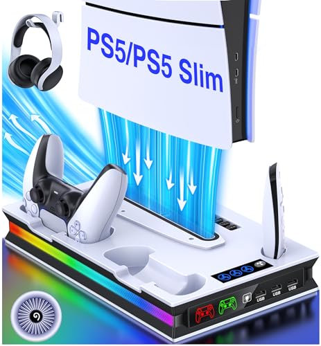 ALEEMTRY PS5 Ständer mit LED Licht für PS5 Slim, PS5 Standfuß mit 3-Stufig Lüfter/PS5 Controller Ladestation/4 x USB C Buchse, PS5 Ständer für PS5 Slim Disc & Digital Edition-Zubehörsets
