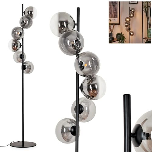 Stehleuchte Remaisnil, Stehlampe aus Metall/Glas in Schwarz/Rauchfarben/Klar, Leuchte im Retro/Vintage-Design mit Schirmen aus Glas (Ø 15 cm) u. Fußschalter, Höhe 160 cm, 6 x G9, ohne Leuchtmittel