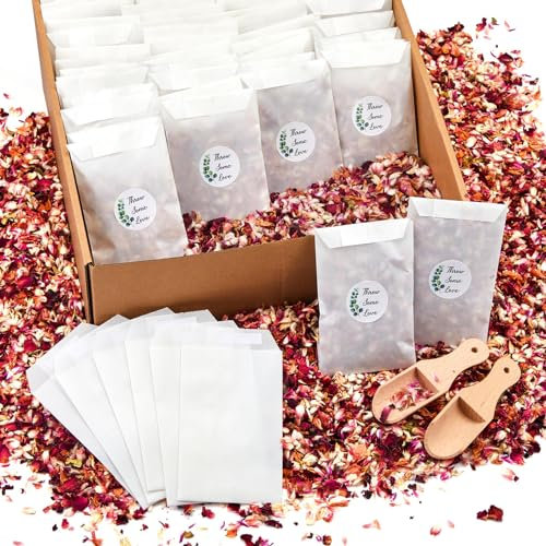 Tenare 100 Sets de Confettis de Mariage pour 95-100 Invités, Comprenant Pétales de Rose Séchés Naturels Sacs de Confettis en Verre et Autocollants Pelle en Bois et Boîte de Présentation (Élégant)