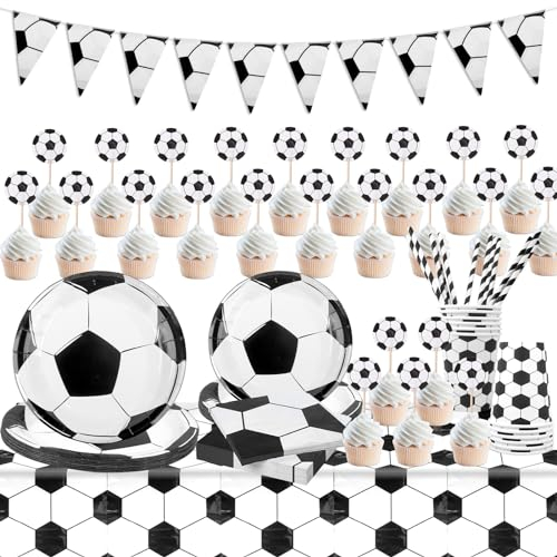 Aitsite Ensemble de vaisselle de fête de football - Assiettes en carton noir et blanc pour 12 invités - Ensemble de vaisselle en papier avec assiettes en papier, gobelets, serviettes, pailles, inserts