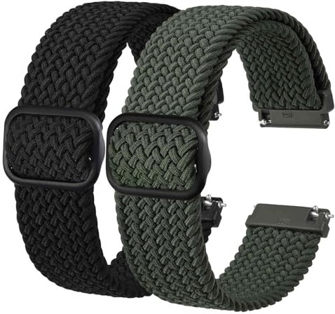 BISONSTRAP 2 Stück Geflochtene Nylon Armband 20mm, Verbesserte Verstellbare Schnalle, Dehnbare Schlaufen Uhrenarmband für Herren und Damen, Schwarz+Armeegrün