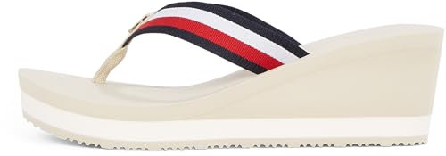 Tommy Hilfiger Damen Flip Flops Corporate Wedge Beach Sandal mit Keilabsatz, Elfenbein (Muslin), 41