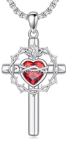enjoylifecreative Kreuz Heiliges Herz Jesus Halskette für Damen Herren 925 Sterling Silber Christliche Kreuz Anhänger Kette Cross Religiös Schmuck Geschenk für Frauen Männer