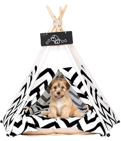 Pet Teepee Tents 60x60x70cm Dogs & Cats Bed Pet Play House Dog Tents with Thick Cushion & Blackboard Removable and Washable Dog Teepee Bed Dogs Cats Nest Play House Indoor Easy Assemble