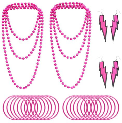 FUIPVGI 26 Pièces Déguisement Année 80 Accessoire Femme, 80s Disco Costume Accessoires, Bracelets avec Boucles D'oreilles Fluo, Collier, Soirée Carnaval Femme Fille, Fête Néon Soiree (Rose Rouge)