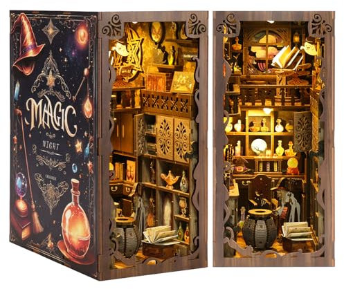 Nextyu Book Nook Kit, DIY Booknook Miniature House Building Kit with LED Lights, 3D Wooden Puzzle Bookend Bookshelf Decor, Mini Dollhouse Model Kits for Adults Teens (Magic Night)