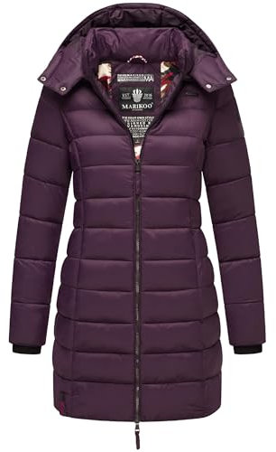 MARIKOO Damen Langer Wintermantel Warmer Steppmantel mit Abnehmbarer Kapuze Abendsternchen Dusty Plum Gr. M