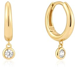 ANIA HAIE Damen Creolen Sunshine Chaser Cubic Zirconia Drop Huggies 925 Sterling Silber 14k Gold vergoldet, verziert mit 2 Zirkonia, Größe: 8,5 x 1,5-2,7mm, inkl. Geschenkverpackung