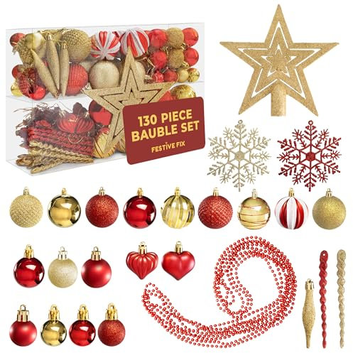 Festive Fix Christmas Baubles Set - 130-Piece Red & Gold Decorations with Tree Topper, Snowflakes, Glitter, Matte & Unique Designs - Complete Tree Decoration Set for Premium Holiday Décor