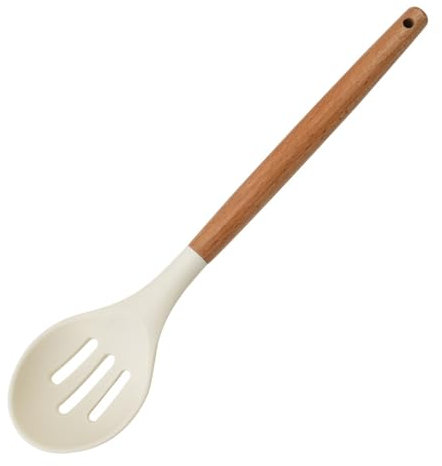 1 PCS Home Wood & Cream Silicone Colander,Ice Cream Spoons, Slotted Spoon