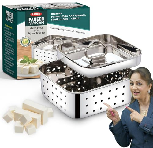 PANCA Stainless Steel Paneer Maker Mould with Lid | Paneer Press & Tofu Press for Homemade Paneer, Tofu & Cheese Making | 450ml Square Mould