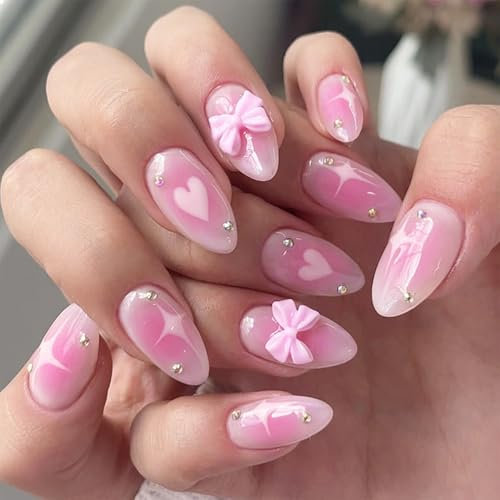 GlamRays Pack of 24 Almond-Shaped Pink Acrylic False Nails with Shiny 3D Hearts and Stars, Shadow Pink