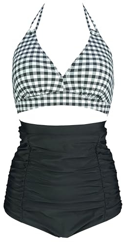 Viloree Femme Retro Taille Haute Maillot de Bain Deux Pièces Ensembles Deux pièces Contrôle du Ventre Halter Bikini Set Noir & Blanc Carreaux (2) XXL