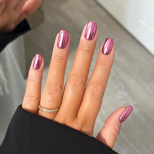 Chrome False Nails Medium, SXVME Metallic Baby Pink Press On Nails Medium Short Square, Glitter Shine Fake Nails Glue on Nails Cute, Mirror Acrylic Stick on Nails for Women Daily & Party Wear