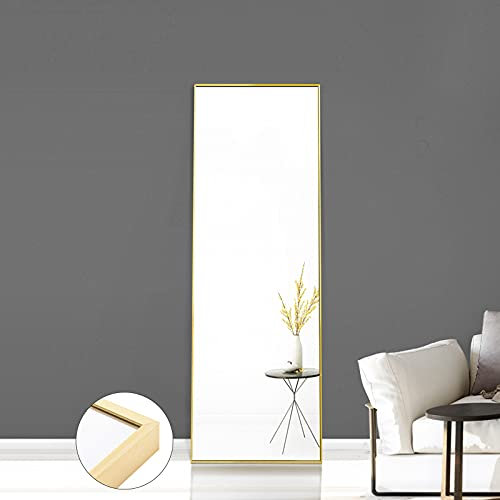 VixorLuilith Ganzkörperspiegel 150 x 40 cm mit goldenem Metallrahmen, Standspiegel, großer HD-Wandspiegel mit Haken, klare HD-Glasreflexion, bruchsicher und leicht (Gold)