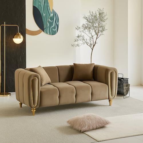 Dmora - 2-Sitzer festes Sofa Japura, lineares Sofa, Sofa für Wohnzimmer, Lineare Stoffstruktur, 81x155 h71 cm, Grau und Gold