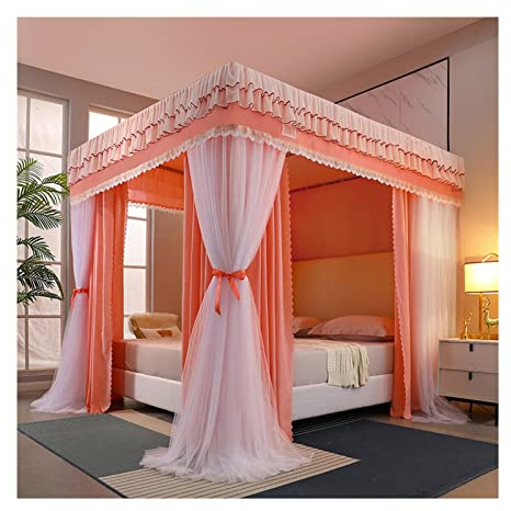 DRFGNF Betthimmel mit 4 Ecken, luxuriöser Bettvorhang mit Doppelstange, dekoratives Moskitonetz für Schlafzimmer, Verdunkelung, staubdicht (Farbe: Orange, Größe: 200 x 220 x 200 cm)