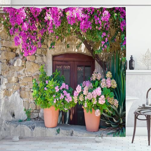 OCEUMACO Garten Duschvorhang Outdoor für Feuchtraum Außen Zaun Extra Breit Stoff 3D Italien Rosa Blume Wandbild Szene Badezimmer Bad Vorhänge 240x200cm Antischimmel Wasserdicht mit Haken