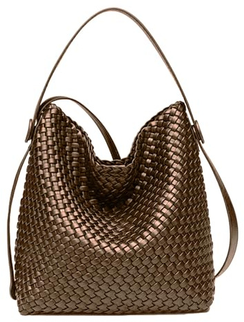 DSGUTWO Große gewebte Tragetasche, veganes Leder, Schultertasche für Damen, modische Reisetasche, Einkaufstasche mit Tragegriff oben, Handtasche und Geldbörse, Bronze, Large