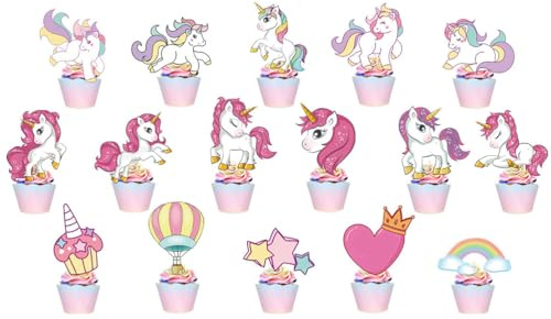 Fc'Noqgn 17 essbare Kuchendekorationen, Einhorn-Geburtstagsdekorationen, essbare, Einhorn-Kuchendekorationen, Einhorn-Geburtstagsmuffin-Dekorationen, Einhorn-Cupcake-Dekorationen