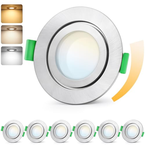 GeyouLux LED Einbaustrahler 230V Dimmbar, 5W IP65 Deckenspots, Einbauleuchten 65-75mm EinbauØ, 2700K/4000K/6000K Ultra Flach Einbauspots, 3CCT Spots für Badezimmer 6er Set Nickel