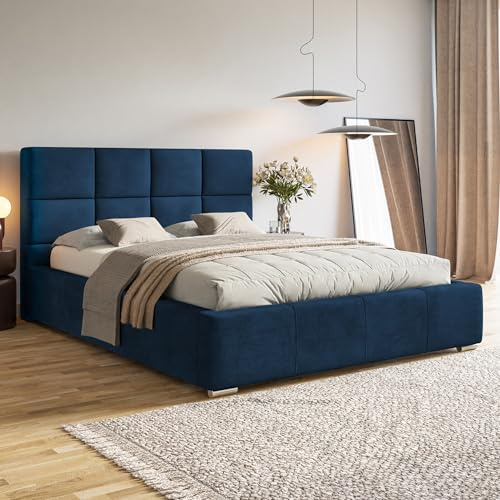 MOTIVENA Luna Bett 180x200 Blau Samt, mit Stauraum, mit Kopfteil, mit Lattenrost, mit Füßen, mit Matratze H3/H4, Polsterbett 180x200 mit Bettkasten Blau (Dunkelblau)