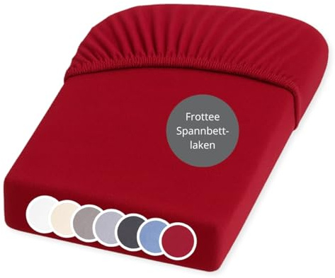liebling Frottee Spannbettlaken, Spannbetttuch 140x200-160x200 cm, Frottier Bettlaken 80% Baumwolle / 20% Polyester, Matratzen bis 25 cm Höhe, Rundum Gummizug, Ökotex, waschbar 60 Grad, rubinrot
