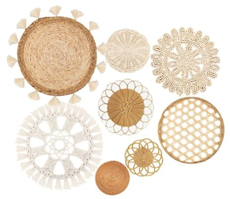 Harewtwy Boho Wall Basket Decor,Flat Woven Hanging Basket Round Tassels White Macrame Tapestry Wall Art 8 Pack