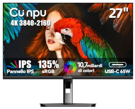 CUNPU 27 Zoll 4K Monitor USB-C 65W, Matt IPS Panel 1ms GTG, USB Hub, SRGB 122%, DCI-P3&AdobeRGB 90%, Delta E＜2, HDR, Eye Care, VESA(100X100mm), 1x DP HDMI USB-C USB-B, 2xUSB-A