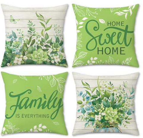 COZZSNUGE Eukalyptus Blätter Sommer Kissenbezüge 45 x 45 cm, Grün Pflanzen Frühling Polyester Dekorative Kissenhülle Zierkissenbezüge für Sofa Wohnzimmer Zuhause 4er Set