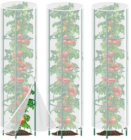 3 Pack Garden Bird Netting Plant Cover for Round Tomato Cage, 61x13 Insect Bird Barrier Tomato Cage Net with Zipper & Drawstring, Tomato Trellis Netting Protection Cover for Protecting Plants