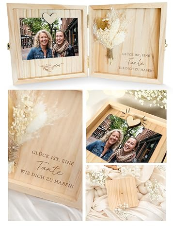 Joli Coon Tante Geschenk, Holzbox, 14 x 14 x 3 cm | Echte Trockenblumen, Magnet für Foto, Glück ist es eine Tante wie Dich zu haben, als Erinnerungsbox aufstellbar