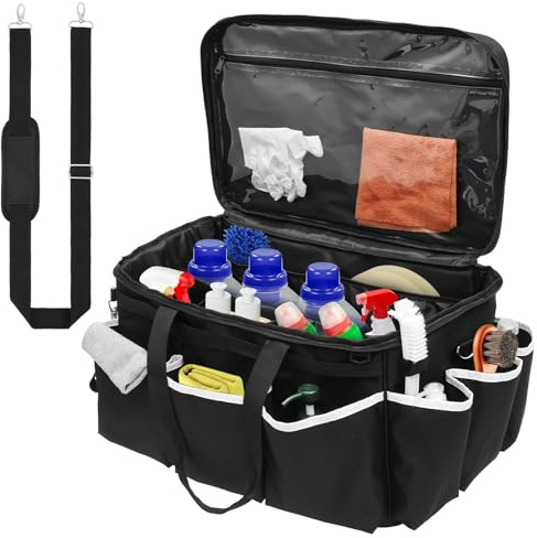 Large Detailing Bag Auto Detail Supplies Organizer with Waterproof EVA Hard Bottom and Lid & Detachable Shoulder Strap Multi-pocket Cleaning Caddy Bag for Detailing Bottles, Buffer, Towel and More