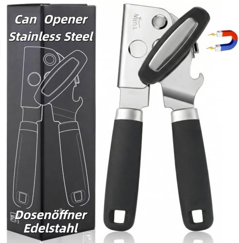 Dosenöffner – Manueller Dosenöffner aus Edelstahl mit Soft-Touch-Griff und Magnetfunktion; besonders robust und auch für Hände mit Arthritis geeignet