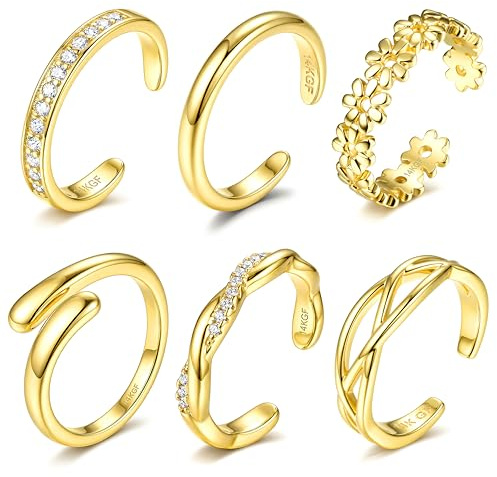 ADRAMARA Zehenring für Damen 14K Vergoldete Verstellbare Zehenringe Set | 6 Stück Zehenring Offene CZ Ringe Nicht Anlaufend,Wasserfest, Sommer Strand Fußschmuck,Silber/Gold