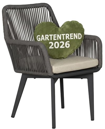 MR. DEKO Garten-Stuhl Marbella Anthrazit Rope | Gartensessel inklusive Kissen Hellgrau | Diningstuhl mit Armlehnen Aluminium Gestell | Outdoor Balkon-Sessel Wetterfest | Moderner Terrassenstuhl