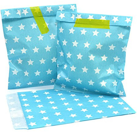 Frau WUNDERVoll® 100 PAPIERTÜTEN BEACHBLAU, STERNE 13 x 16,5 cm, 45 Gramm Papier, flach / Candy Bar, Hochzeit, Kindergeburtstag, Papiertütchen, Candybag, Tüten, Mitgebseltüten