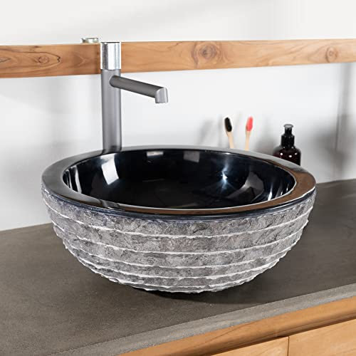 Wanda collection - Vasque Ronde en Pierre à Poser Vésuve Noir 40cm