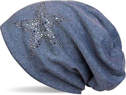 styleBREAKER Damen Beanie Mütze mit Strass Nieten Stern und Schmucksteine Silber-anthrazit, Slouch Longbeanie 04024087, Farbe:Jeansblau meliert