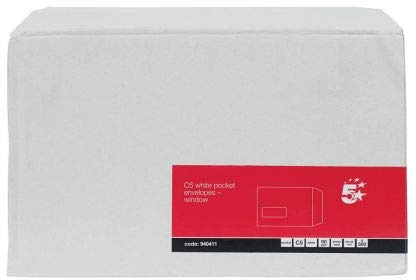 5 Star Office 940411 C5 90 GSM Pocket Self Seal Window Envelope - White (Pack of 500) -FST