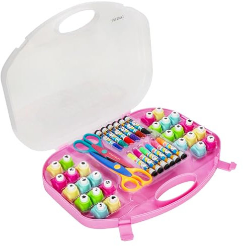 EXERZ Großes Bastler Kunst & Handwerks-Set - Stanzwerkzeuge, Handwerksscheren, Buntstifte und Konfettiherstellung - 40-teiliges Kreativset in Aufbewahrungsbox (Rosa)