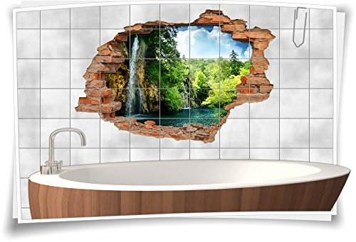 Medianlux Fliesenaufkleber Fliesenbild Fliesenaufkleber Wanddurchbruch See Wasserfall Bad, 75x50cm, 20x25cm (BxH)