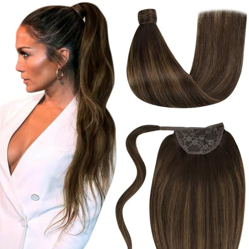 LaaVoo Extensiones Cola Cabello Natural Humano Ponytail 80g/Pieza 45cm Extensiones Easy Fit de Pelo Verdad Coleta Pelo el Marrone Mas Oscuro Balayage Marron Claro Extensiones de Cabello Natural Cola
