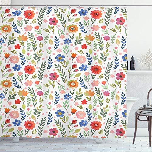ABAKUHAUS Blumen Duschvorhang, Weiche farbige Floret, Stoffliches Gewebe Badezimmerdekorationsset mit Haken, 175 x 220 cm, Grün Mehrfarbig